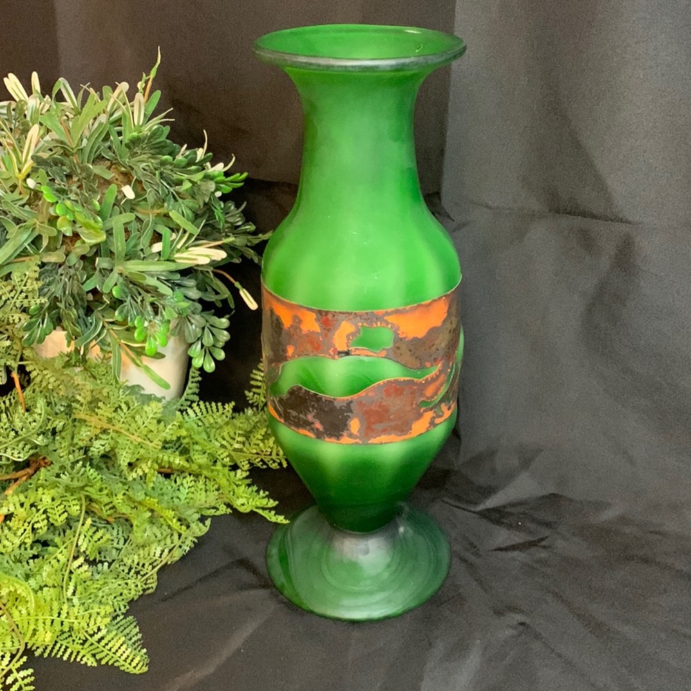 Beautiful hand blown frosted green glass vase with leaping wildcat & metal wrap